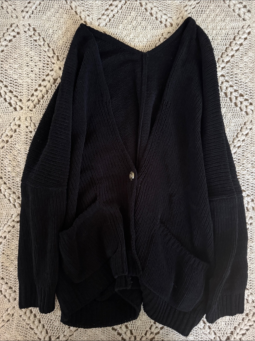 Relaxed Black V‑Neck Open Cardigan with Front Pockets